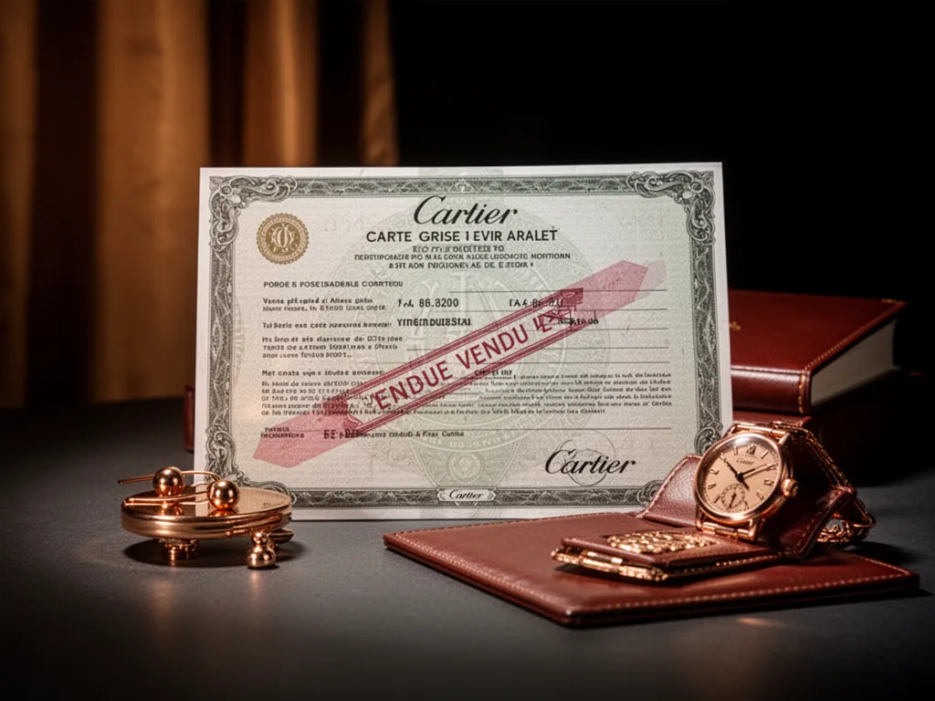 Carte grise automobile avec mention manuscrite barrée en diagonale posée sur un capot de voiture