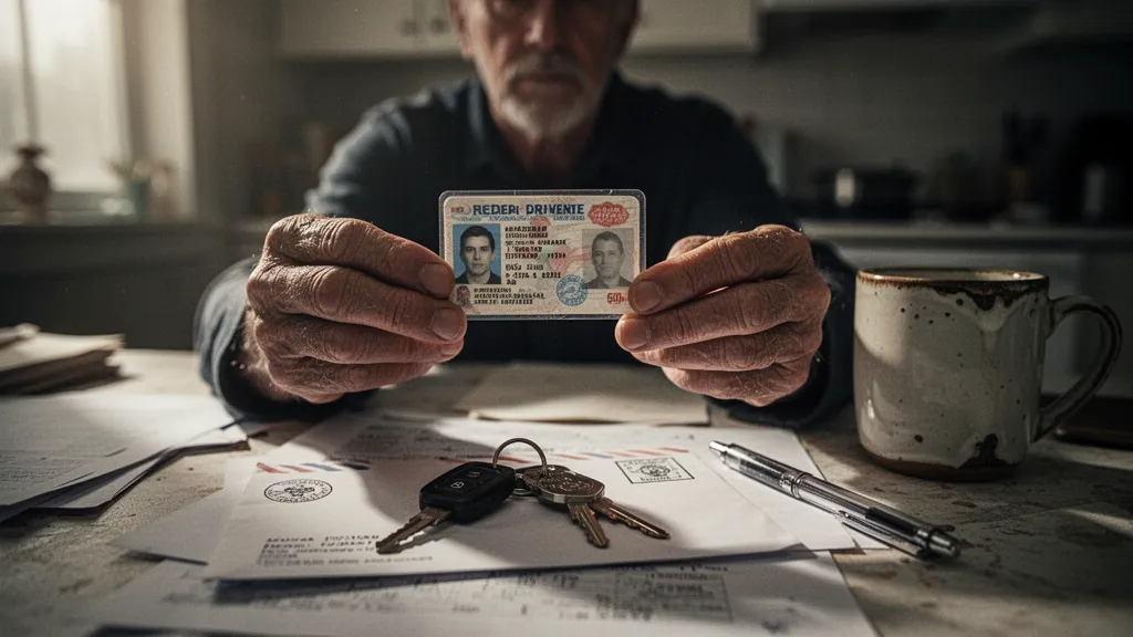 Vue rapprochée d'un jeune conducteur consultant son solde de points sur un smartphone, au bord d'une route urbaine