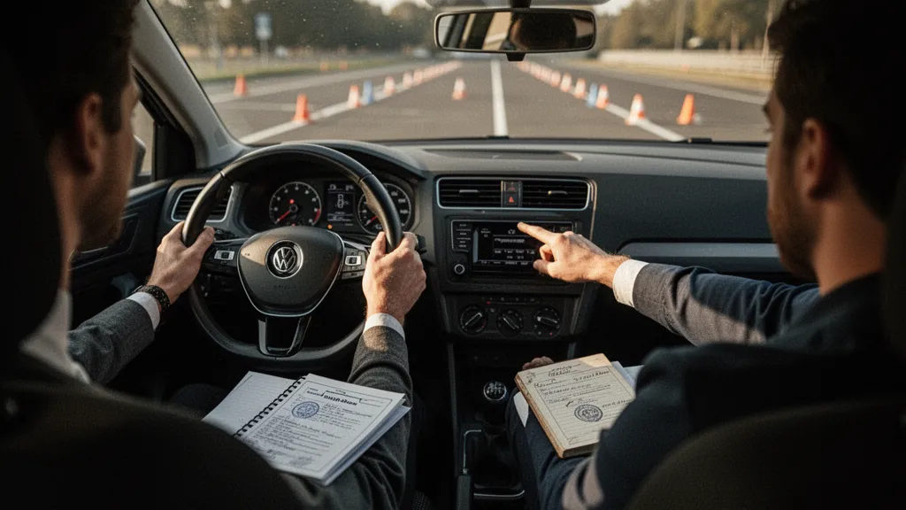 Candidat au permis au volant d'une voiture-école pendant l'examen pratique, face à un inspecteur