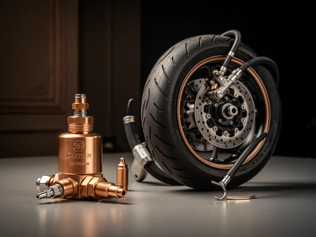 Manomètre posé sur la valve d'un pneu arrière de moto Suzuki Bandit garée sur béquille centrale