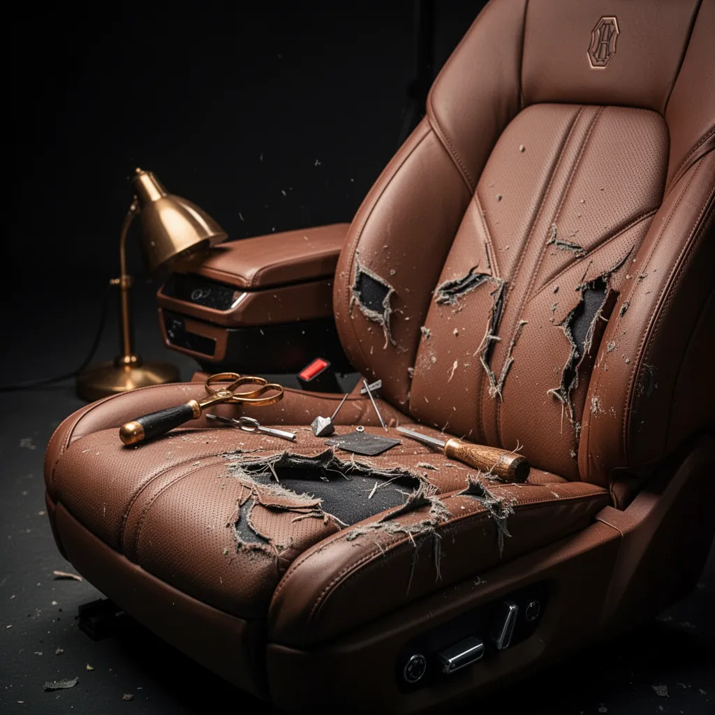 Siège conducteur en cuir beige avec une déchirure nette sur l'assise, outils de réparation posés à côté