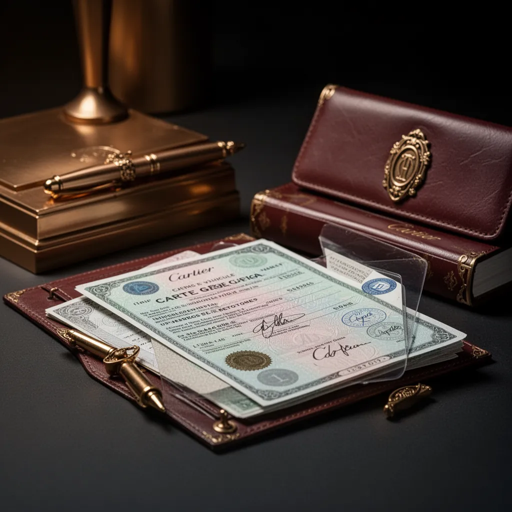 Conducteur tenant un certificat d'immatriculation devant le capot ouvert d'une voiture garée dans une rue résidentielle